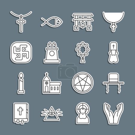 Set line Hands in praying position, Orthodox jewish hat with sidelocks, Priest, Japan Gate, Stage stand or tribune, Jainism, Christian cross chain and Rosary beads religion icon. Vector
