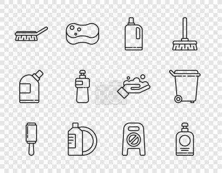 Set line Kleberoller, Handdesinfektionsflasche, Weichspüler, Spülmittel-Teller, Reinigungsbürste, Nassboden-Fortschritt und Mülleimer-Symbol. Vektor