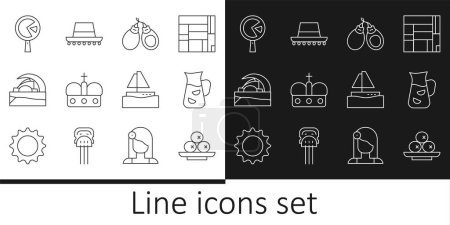 Set line Olives on plate, Sangria, Castanets, Crown of spain, Concert hall de Tenerife, Omelette frying pan, Yacht sailboat and Spanish hat icon. Vector