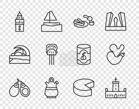Set line Castanets, Montjuic castle, Churros and chocolate, Sangria pitcher, Giralda, Peineta, Cheese and Spanish wineskin icon. Vector