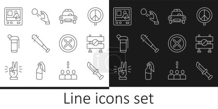 Set line Military knife, Road barrier, Police car and flasher, Baseball bat with nails, Hand grenade, Television report, X Mark, Cross in circle and Hooligan shooting stones icon. Vector