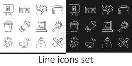 Set line Toy plane, Rattle baby toy, Puzzle pieces, Skateboard, Sand in bucket, Smart Tv, Abacus and Music synthesizer icon. Vector