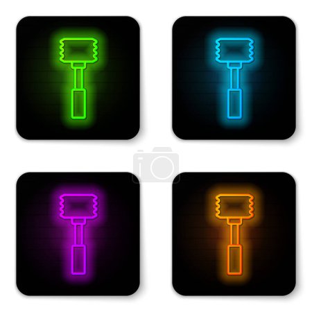 Leuchtende Neon-Linie Küche Hammer Symbol isoliert auf weißem Hintergrund. Fleischhammer. Schwarzer quadratischer Knopf. Vektor.