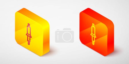 Isometric line Soldering iron icon isolated on grey background. Yellow and orange square button. Vector