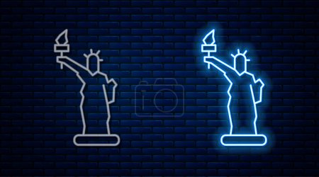 Illustration for Glowing neon line Statue of Liberty icon isolated on brick wall background. New York, USA.  Vector - Royalty Free Image