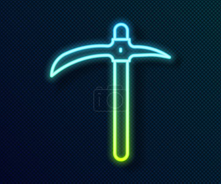 Glowing neon line Pickaxe icon isolated on black background.  Vector