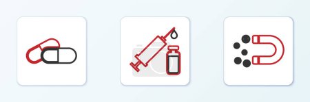 Linienmagnet mit Geld, Medikamentenpille oder Tablette und medizinischer Spritze und Fläschchen-Symbol. Vektor