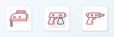 Illustration for Set line Electric cordless screwdriver, jigsaw and Paint spray gun icon. Vector - Royalty Free Image