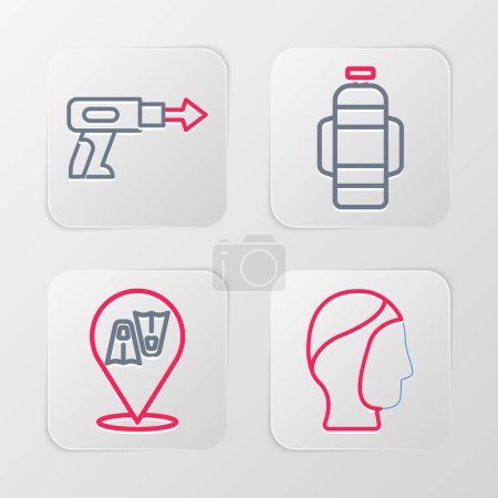 Illustration for Set line Diving hood, Flippers for swimming, Aqualung and Fishing harpoon icon. Vector - Royalty Free Image
