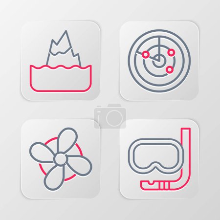 Illustration for Set line Diving mask and snorkel, Boat propeller, Radar with targets and Iceberg icon. Vector - Royalty Free Image