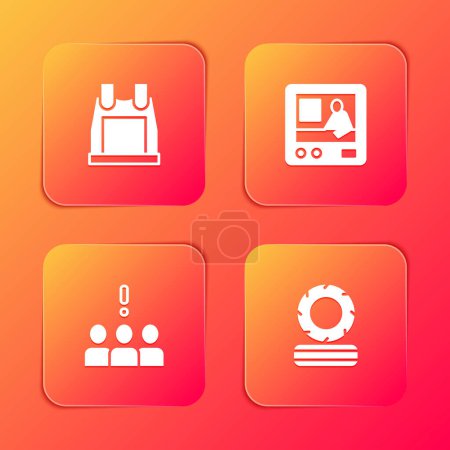 Set Bulletproof vest, Television report, Crowd protest and Lying burning tires icon. Vector.