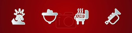 Illustration for Set Statue of Liberty, Western cowboy hat, Barbecue grill and Trumpet icon. Vector - Royalty Free Image