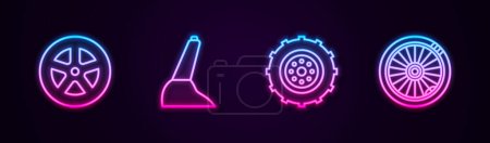 Set line Car wheel, handbrake,  and . Glowing neon icon. Vector.