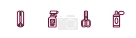 Illustration for Set line Curling iron for hair, Scissors hairdresser, Hairdresser pistol spray bottle and Aftershave with atomizer icon. Vector. - Royalty Free Image