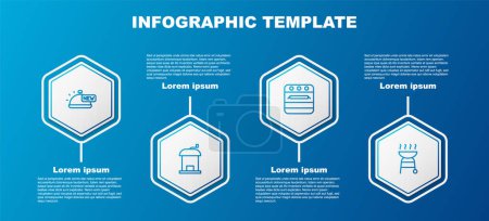 Set line Covered with tray of food, Manual coffee grinder, Oven and Barbecue grill. Business infographic template. Vector