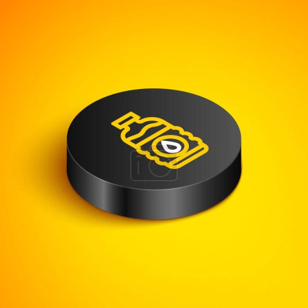 Isometric line Bottle of water icon isolated on yellow background. Soda aqua drink sign. Black circle button. Vector
