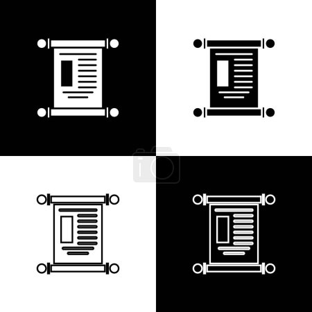 Set Decree, paper, parchment, scroll icon icon isolated on black and white background. Chinese scroll.  Vector Illustration.