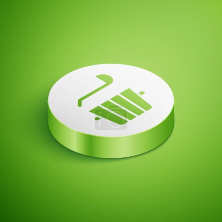 Isometric Sauna bucket and ladle icon isolated on green background. White circle button. Vector.