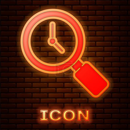 Glowing neon Magnifying glass with clock icon isolated on brick wall background.  Vector.