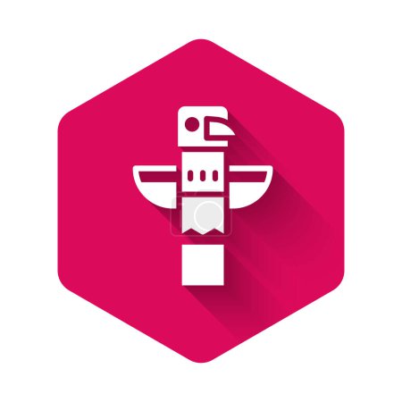 White Canadian totem pole icon isolated with long shadow. Pink hexagon button. Vector.