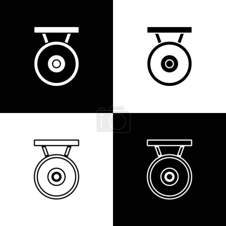 Set Gong musical percussion instrument circular metal disc icon isolated on black and white background.  Vector
