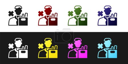 Set Dismissed sad young man carrying box with his personal belonging leaving his job icon isolated on black and white background. Employee fired from work.  Vector