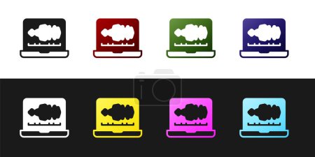 Set Sound or audio recorder or editor software on laptop icon isolated on black and white background.  Vector