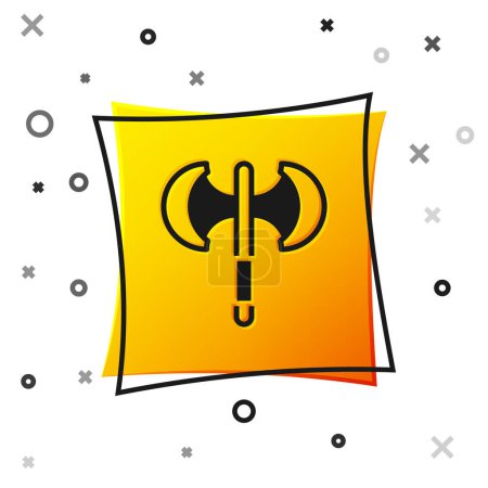 Mittelalterliches schwarzes Beil-Symbol isoliert auf weißem Hintergrund. Gelber quadratischer Knopf. Vektor