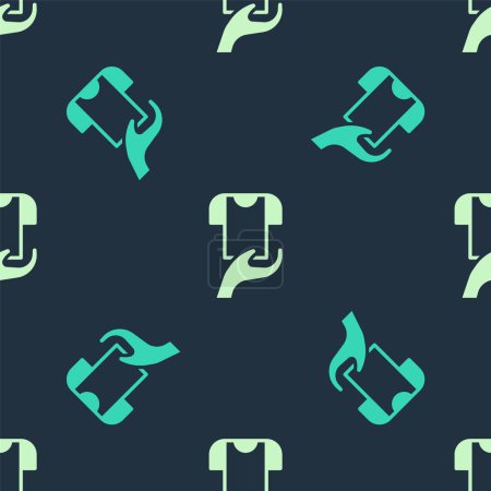 Green and beige Clothes donation icon isolated seamless pattern on blue background.  Vector