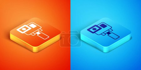 Isometric Action extreme camera icon isolated on orange and blue background. Video camera equipment for filming extreme sports.  Vector