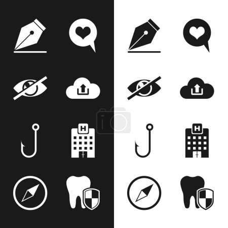 Set Cloud upload, Invisible or hide, Fountain pen nib, Heart speech bubble, Fishing hook and Medical hospital building icon. Vector
