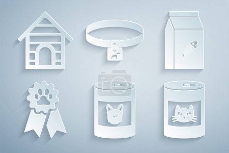 Set Nourriture en conserve pour chien, Sac de chat, Symbole de prix pour animaux de compagnie,, Collier pour chien et icône de la maison. Vecteur