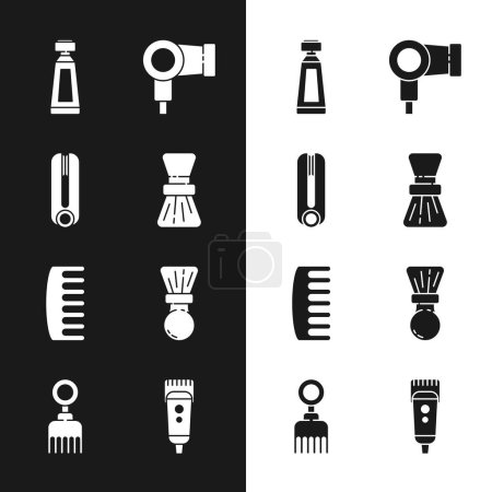 Illustration for Set Shaving brush, Curling iron for hair, Cream lotion cosmetic tube, Hair dryer, Hairbrush, Electrical clipper shaver and  icon. Vector - Royalty Free Image