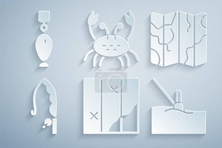 Set Folded map, Fishing rod, float water, Crab and spoon icon. Vector