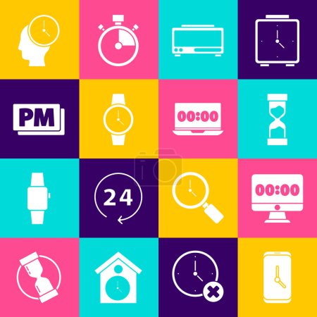Réglez Réveil app mobile, Horloge sur moniteur, Vieil sablier, alarme numérique, Montre-bracelet, PM, Gestion du temps et icône de l'ordinateur portable. Vecteur