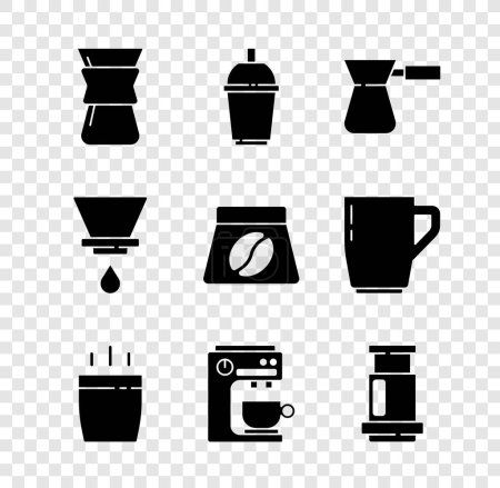 Set über Kaffeemaschine, Kaffeetasse to go, Türke, Maschine, Aeropress, V60 und Bag Bohnen Symbol gießen. Vektor