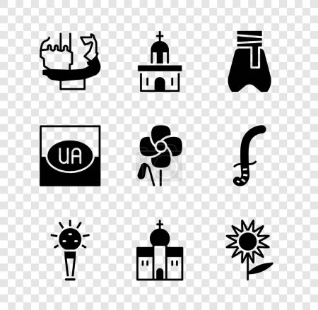 Set Monument to founders of Kiev, Church building, Cossack pants, Mace, Sunflower, Flag Ukraine and Poppy icon. Vector