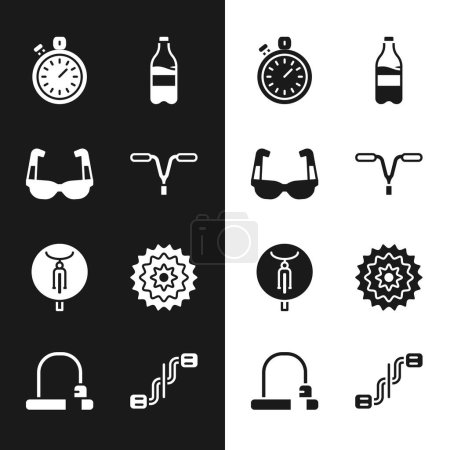 Set Bicycle handlebar, Sport cycling sunglasses, Stopwatch, bottle with water, cassette, pedals and lock icon. Vector