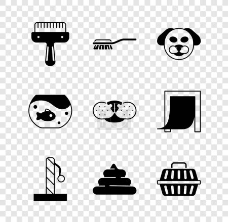 Set Hair brush for dog and cat, Dog, Cat scratching post, Shit, Pet carry case, Aquarium with fish and nose icon. Vector
