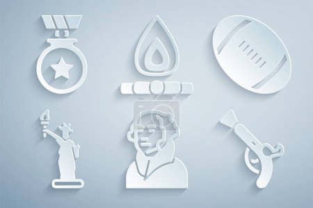 Illustration for Set George Washington, American Football ball, Statue of Liberty, Vintage pistols, Campfire and Medal with star icon. Vector - Royalty Free Image