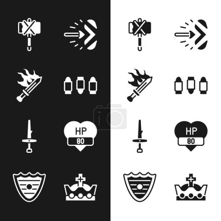 Set Bullet, Sword for game, Medieval axe, Magic arrow, Dagger, Video bar, King crown and Shield icon. Vector