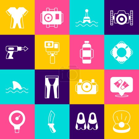 Set Pearl, Flippers for swimming, Lifebuoy, Floating, Action extreme camera, Fishing harpoon, Wetsuit scuba diving and Aqualung icon. Vector