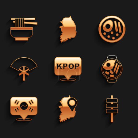 Set K-Pop, Südkorea-Karte, koreanisches Essen Tokpokki, Ramen, Standort, traditioneller Fächer und Symbol. Vektor