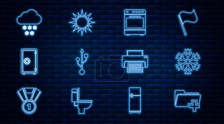 Set line Add new folder, Snowflake, Oven, USB, Safe, Cloud with snow, Printer and Sun icon. Vector