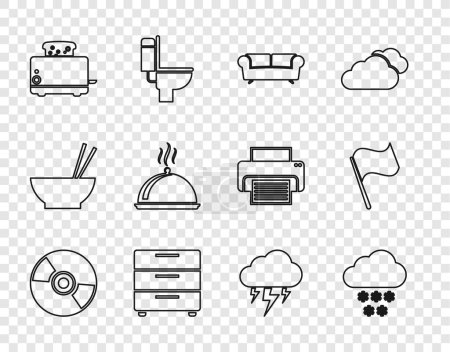 Set line CD or DVD disk, Cloud with snow, Sofa, Furniture nightstand, Toaster toasts, Covered tray food, Storm and Flag icon. Vector