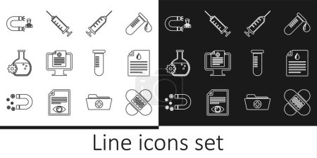 Set line Crossed bandage plaster, Clipboard with blood test, Syringe, Clinical record on monitor, Bioengineering, Customer attracting, Test tube flask and  icon. Vector