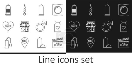 Set line Movie clapper with Sex, Bottle pills for potency, Condom safe sex, shop building, 18 plus content heart, Male gender symbol and Anal beads icon. Vector