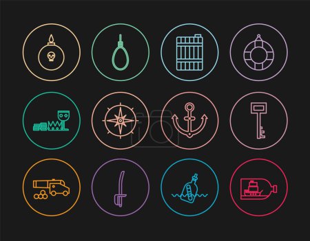 Set line Bottle with ship inside, Pirate key, Wooden barrel, Wind rose, Treasure and riches, Bomb ready to explode, Anchor and Gallows rope loop hanging icon. Vector