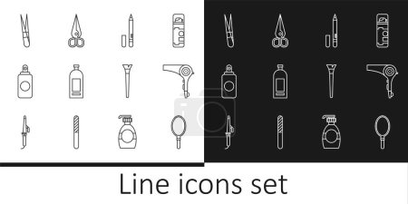 Illustration for Set line Hand mirror, Hair dryer, Eyeliner, eyebrow, Bottle of shampoo, Spray can, Eyebrow tweezers, Makeup brush and Scissors icon. Vector - Royalty Free Image