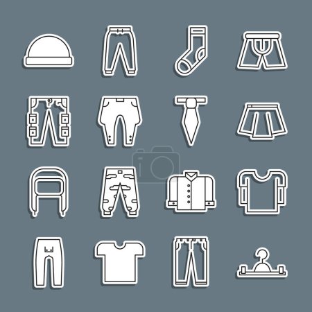 Set line Hanger wardrobe, Long sleeve shirt, Skirt, Socks, Pants, Cargo pants, Beanie hat and Tie icon. Vector